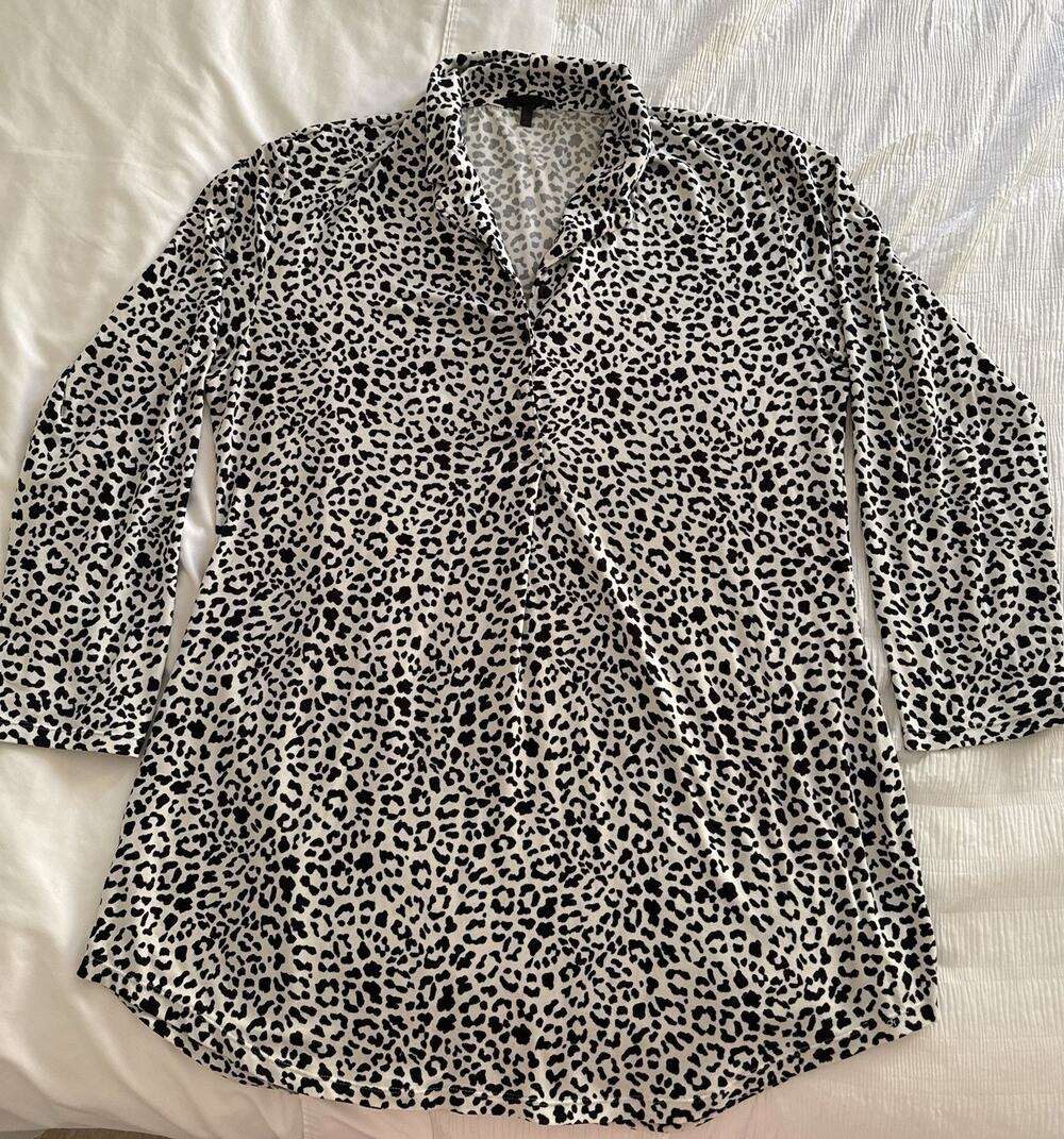 Leopard Print Pajama Dress Sleep Shirt Black White Collar Long Sleeve